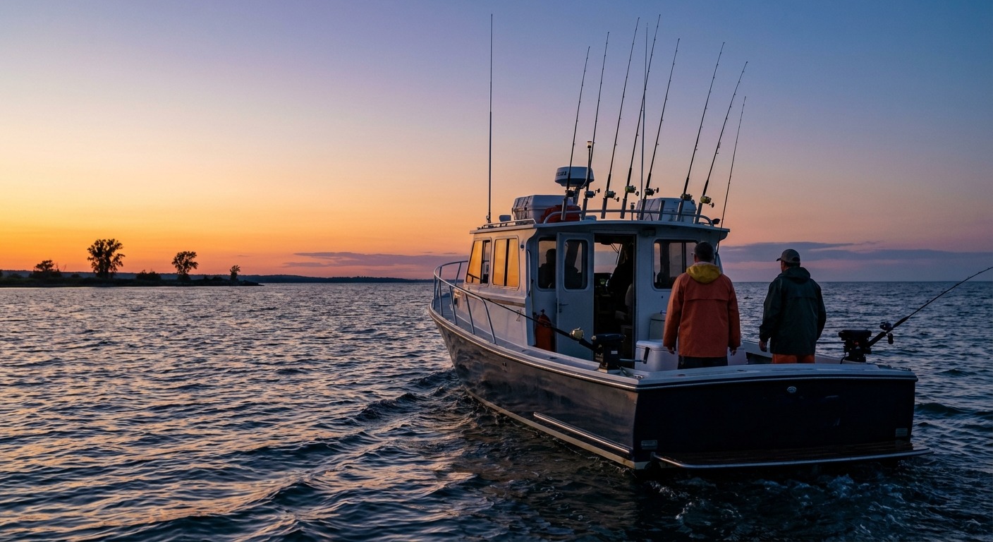 Fishing boat on Lake Ontario at sunset